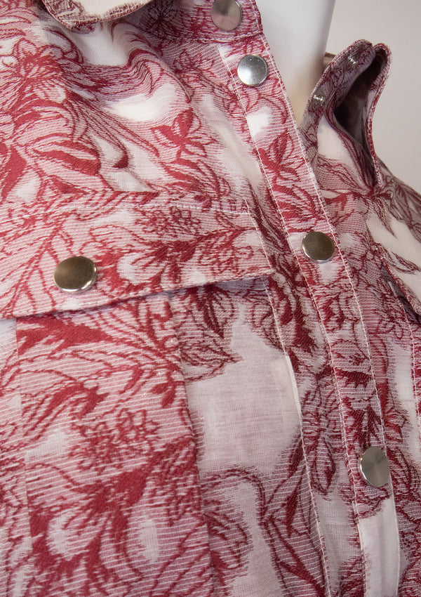 Jacquard Botanical Ruffle 2 Pockets Peplum Shirt in Red