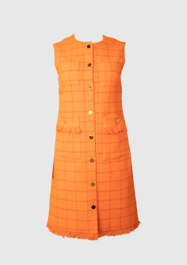 Tweed Gold-Button 4-Pocket Fringe-Trim Mini Dress in Orange
