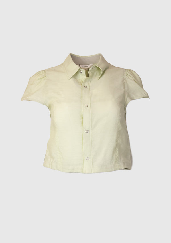 Tulip-Sleeve Snap-Button Crop Shirt in Light Green