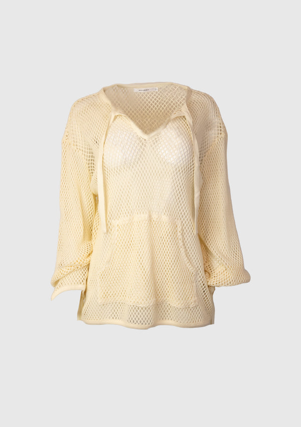 Cotton Mesh Gather Long Sleeve Pullover in Ivory