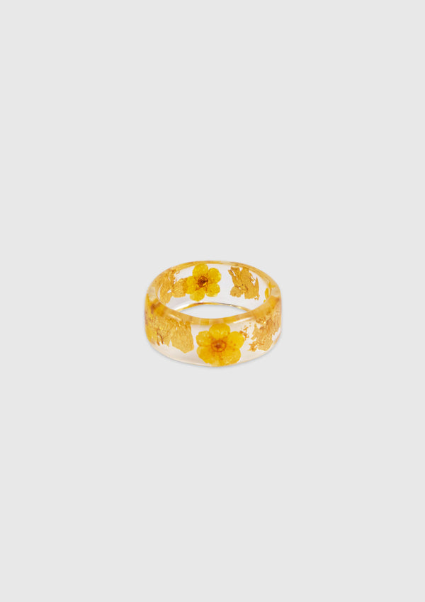 Resin Ring with Preserved Floral Inset in Yellow