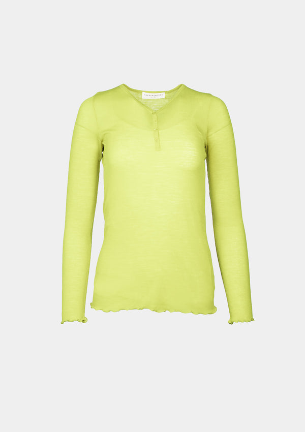 Sheer Ribbed Knit Wool Henley-Neck Tee in Light Yellow