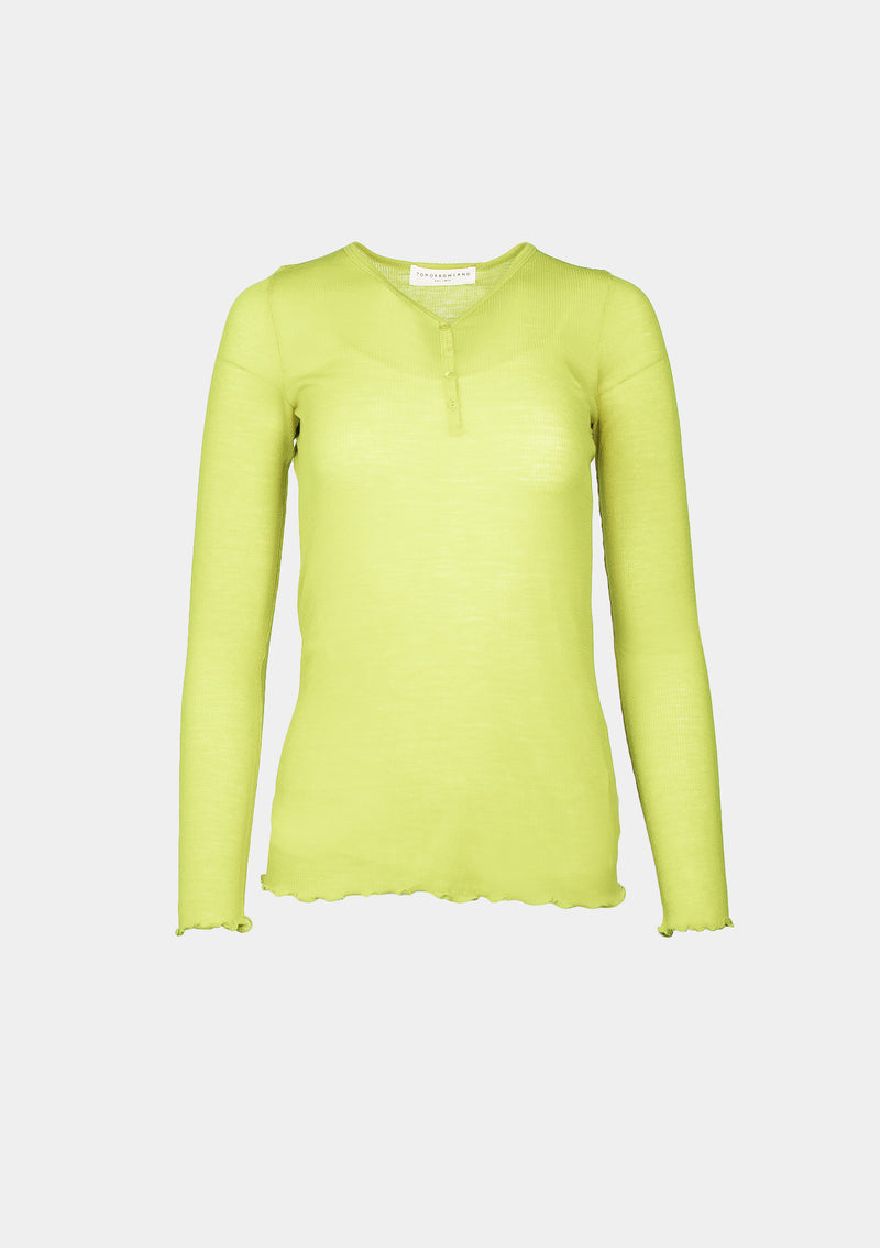 Sheer Ribbed Knit Wool Henley-Neck Tee in Light Yellow