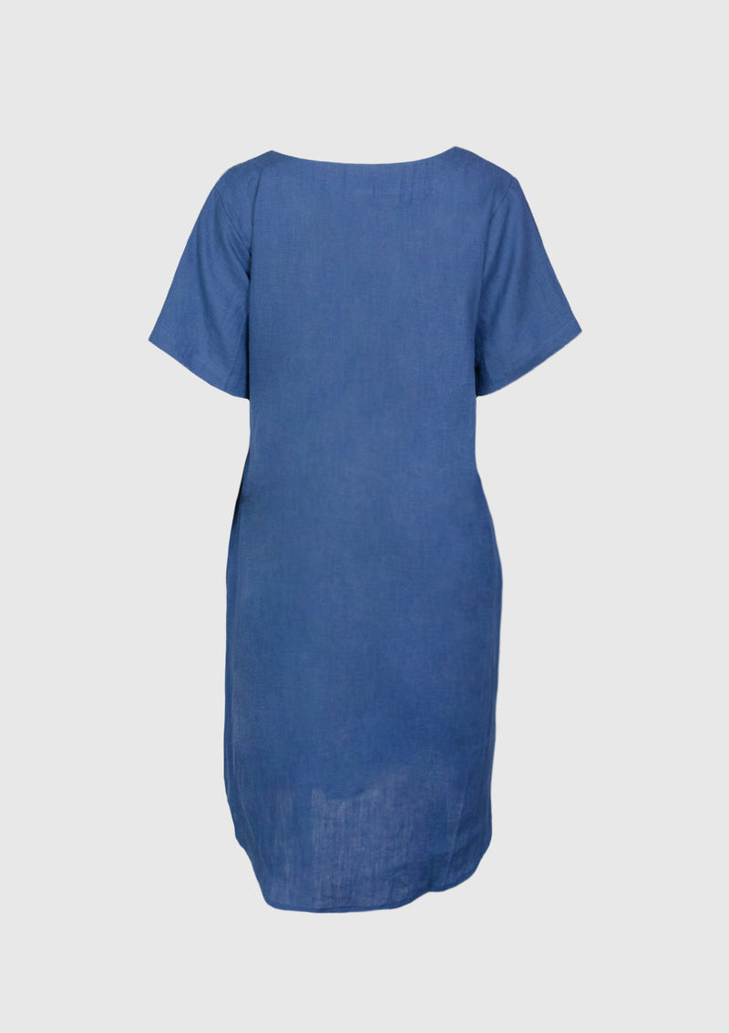 V-Neck Short-Sleeved Midi Dress in Dark Blue
