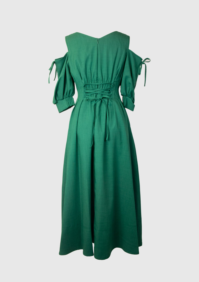 V Neck Gathered Cold Shoulder Waist Tuck Flare Dress in Green