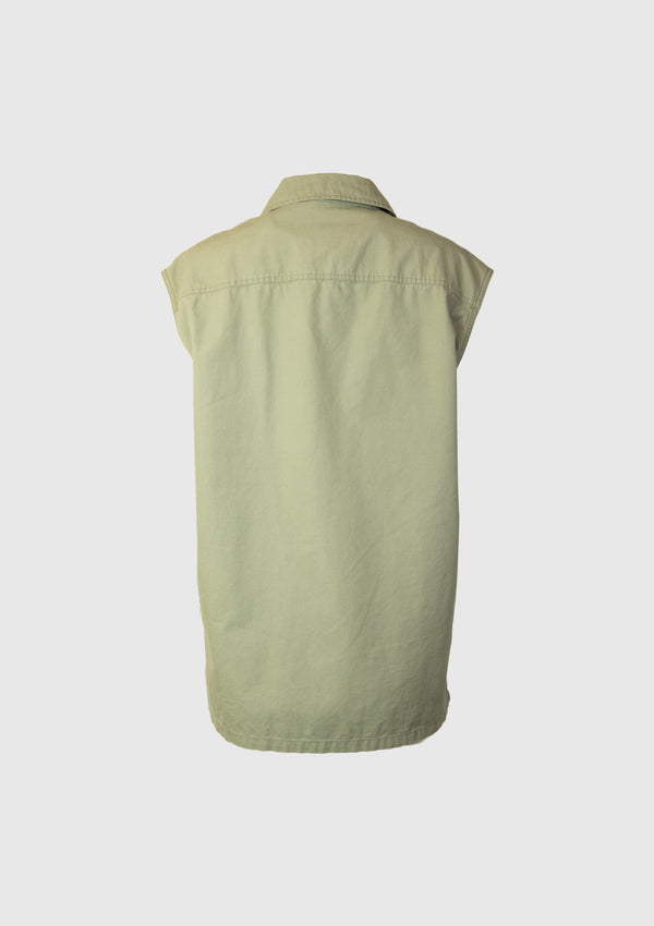 Utilitarian Concealed Button 4-Pocket Cotton Vest in Khaki Green