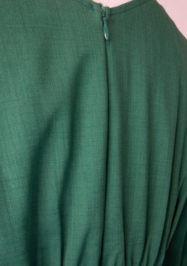 V Neck Gathered Cold Shoulder Waist Tuck Flare Dress in Green