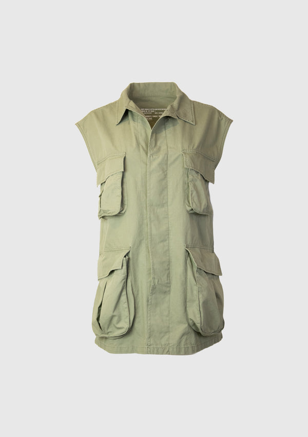 Utilitarian Concealed Button 4-Pocket Cotton Vest in Khaki Green