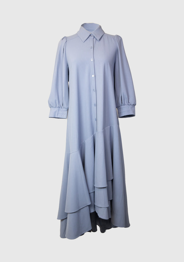 Yoke Detail Back-Ribbon Asymmetric Frill Layer Shirt Dress in Blue