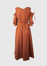 V Neck Gathered Cold Shoulder Waist Tuck Flare Dress in Orange