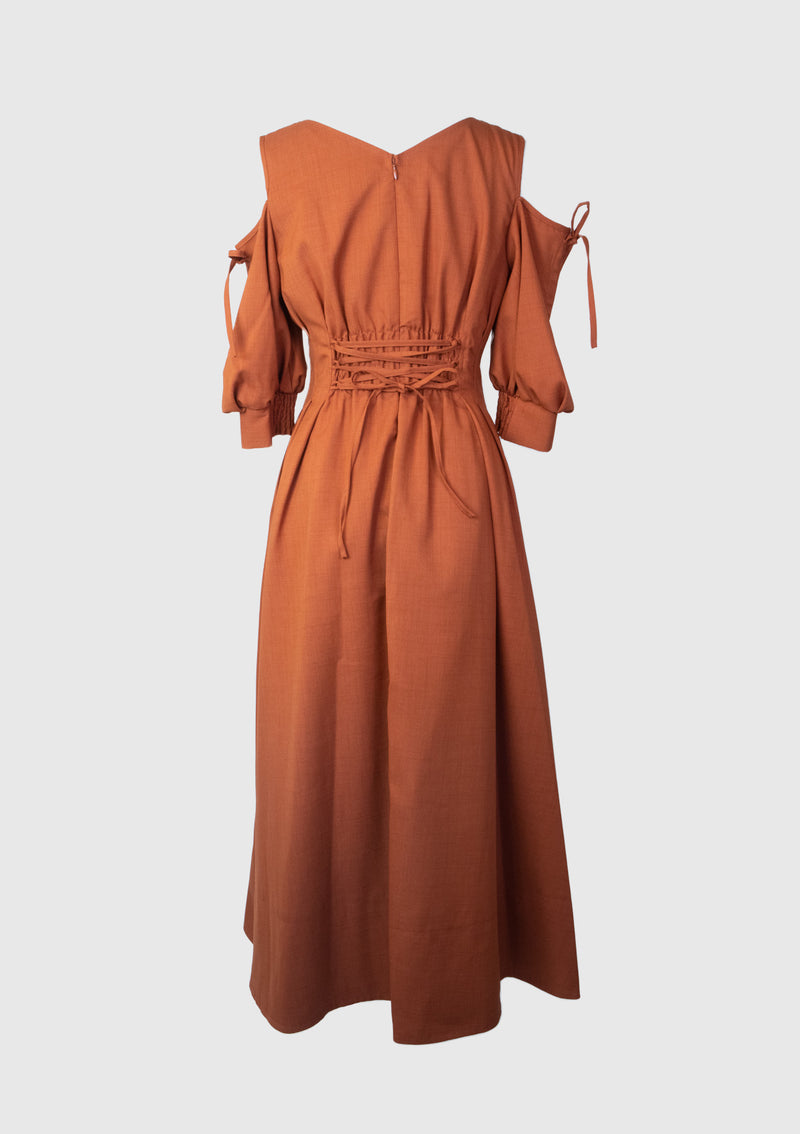 V Neck Gathered Cold Shoulder Waist Tuck Flare Dress in Orange