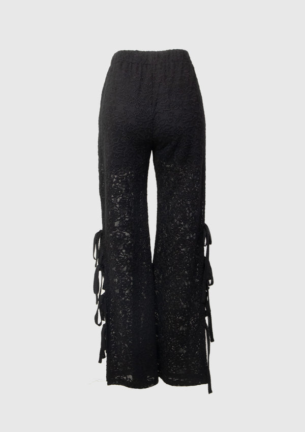 Sheer Lace Side Slit Ribbon Semi Flare Pants in Black