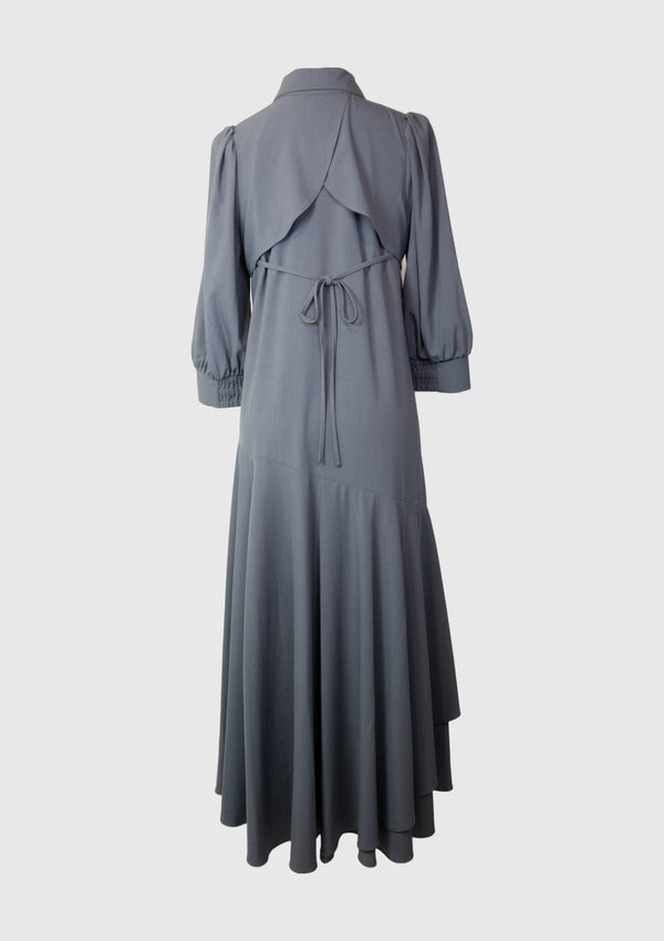 Yoke Detail Back-Ribbon Asymmetric Frill Layer Shirt Dress in Dark Grey