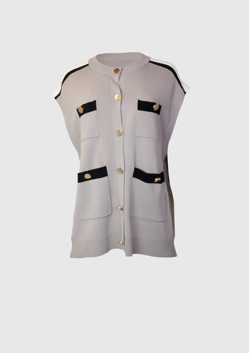 Colour Block Gold Buttoned 4 Pockets Vest in Grey