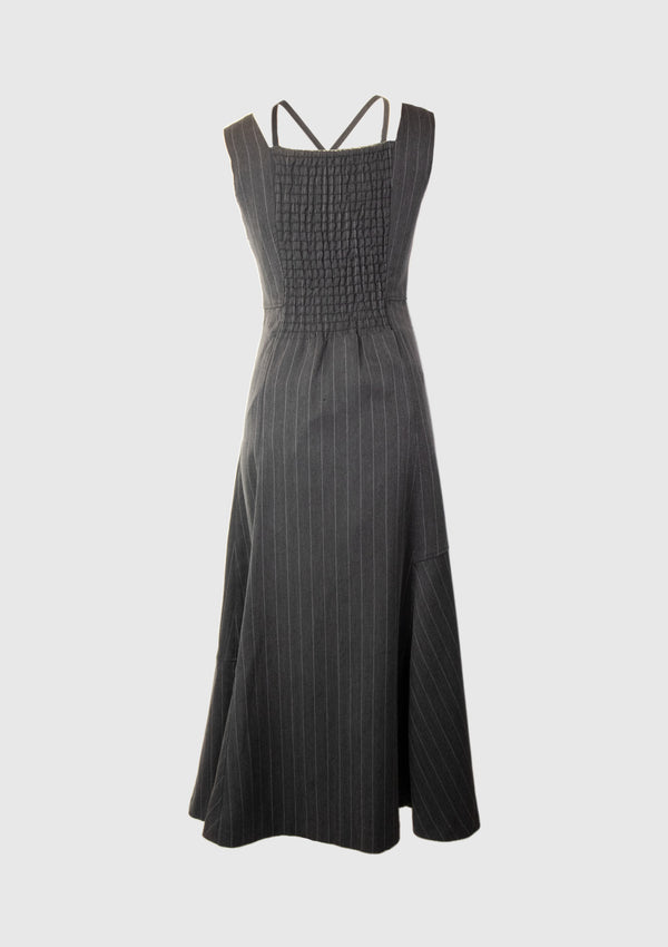 Stripe Halter Detail Side Pleat Sleeveless Dress in Dark Grey