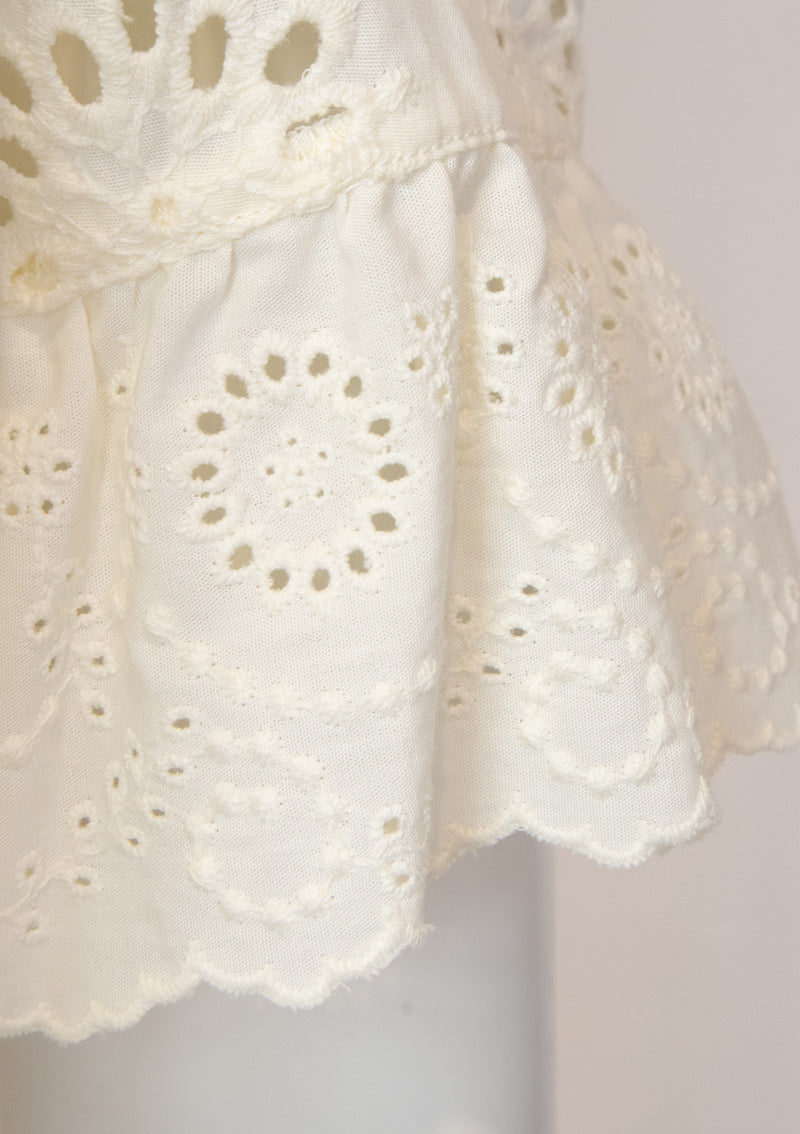 Cotton Lace Cut Out Crop Peplum Blouse in Ivory