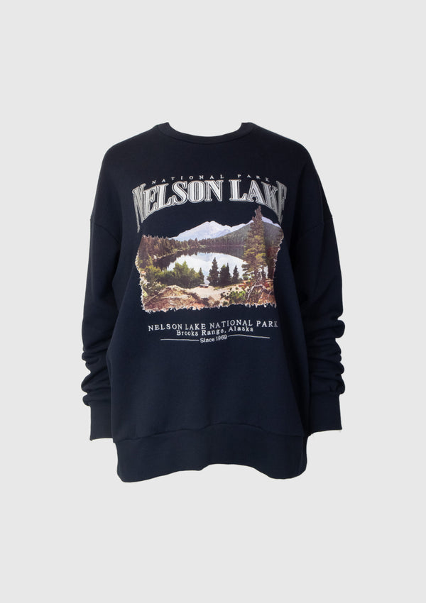 Embroidery Nature Graphic Slogan Pullover in Navy