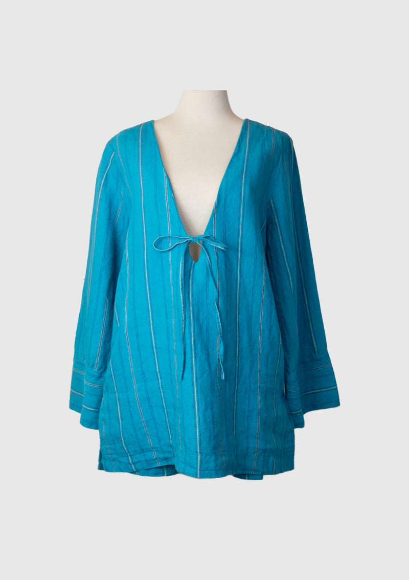 Linen Deep V-Back Long Sleeve Tunic Blouse With Shorts in Blue