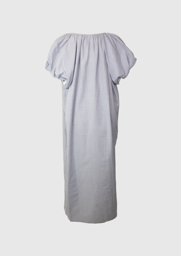 Seersucker V-Notch Puff Short Sleeve Dress in Blue Stripe