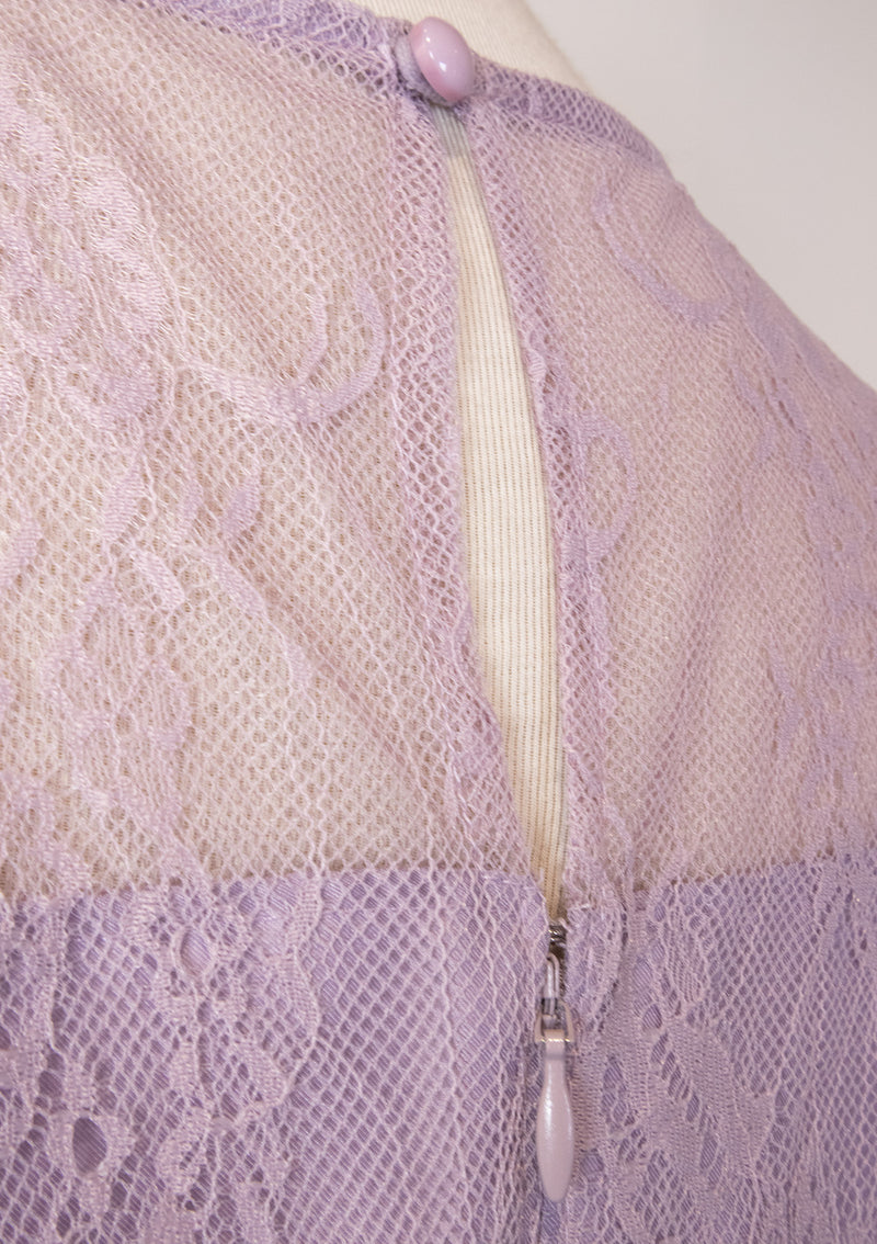 Sheer Lace Crew Neck Half Sleeve Lace Up Dress in Light Purple