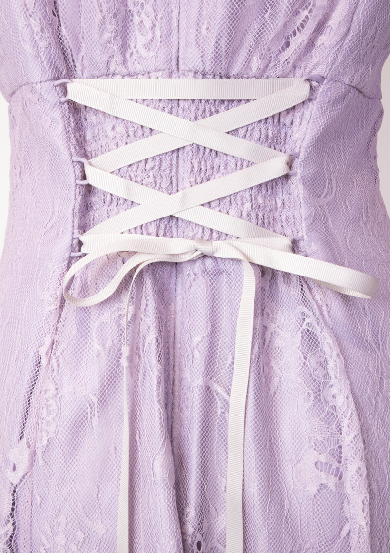 Sheer Lace Crew Neck Half Sleeve Lace Up Dress in Light Purple