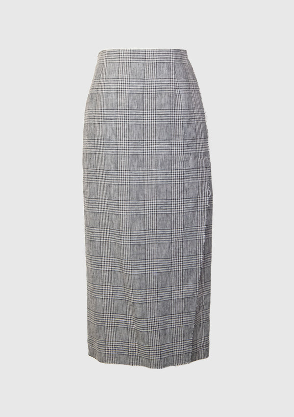 Linen Raw Hem Wrap Style Skirt in Navy Check