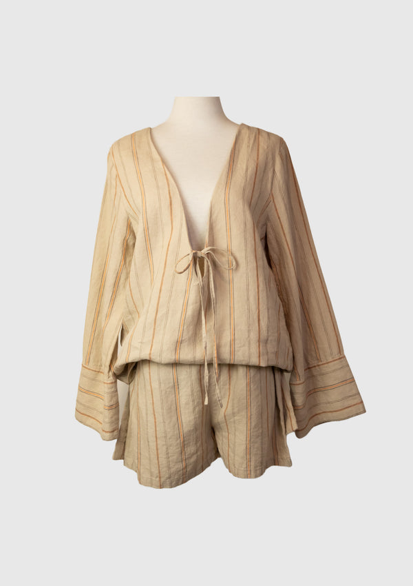 Linen Deep V-Back Long Sleeve Tunic Blouse With Shorts in Beige