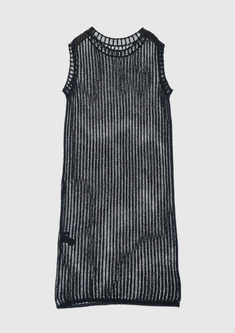 Mesh Knit Round-Neck Sleeveless Tunic Dress in Black