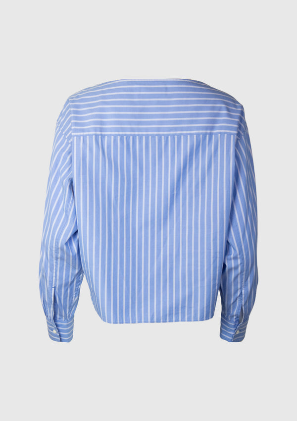 Boat-Neck Long Sleeve Boxy Pullover in Blue Stripe