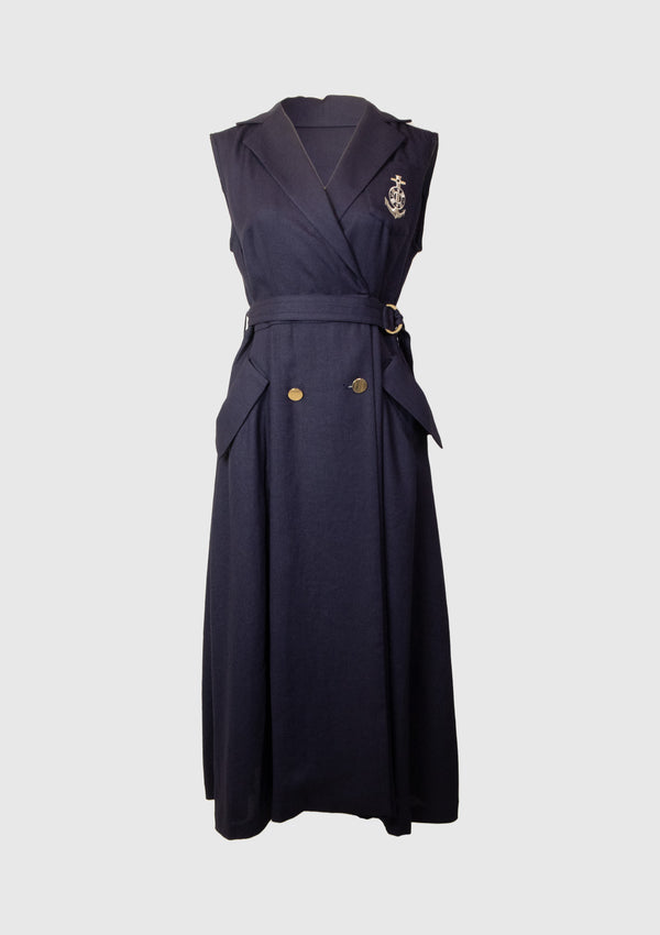 Double-Breasted Embroidery Emblem Gilet Dress in Navy