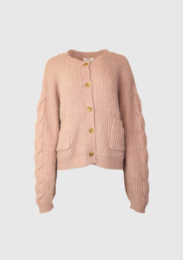 Round-Neck Cable Knit Sleeve 2-Pocket Cardigan in Pink