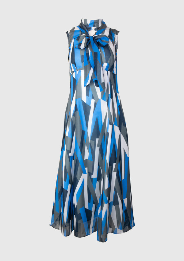 Geometric Pattern Bow High Neck Cut-Out Flare Dress in Blue