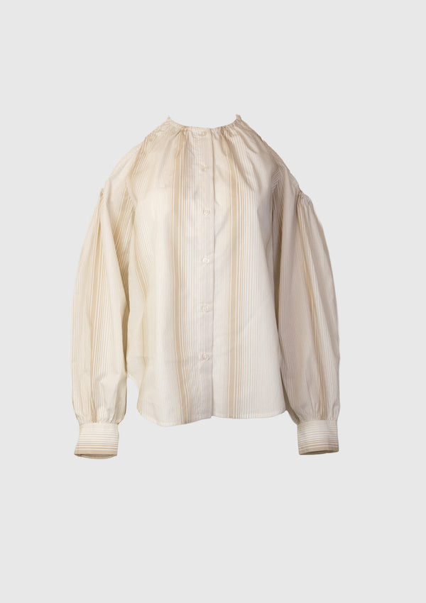 Stripe Collarless Cold-Shoulder Shirt in Beige