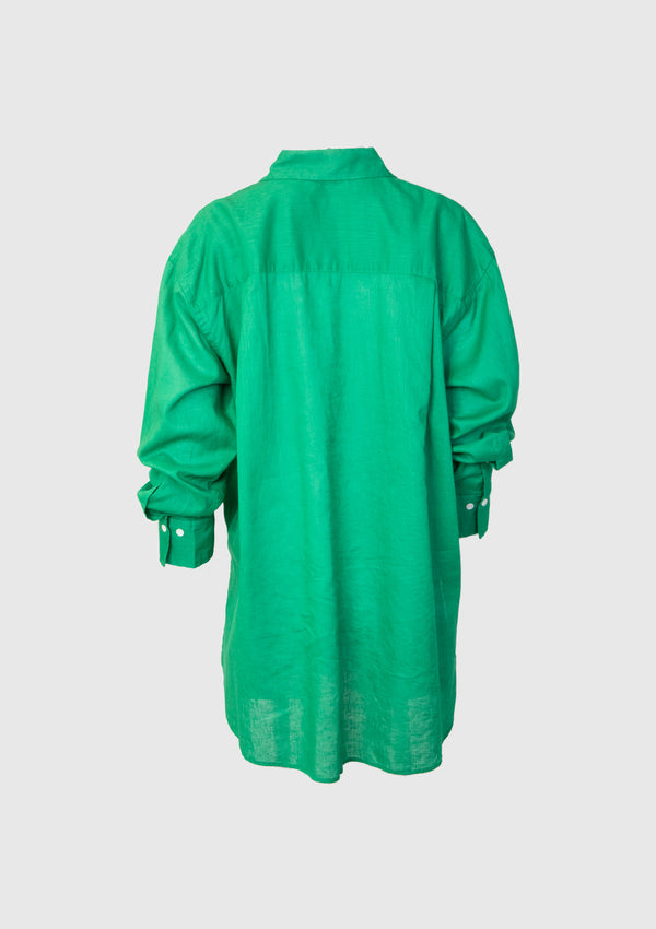 Sheer Linen x Cotton 1-Pocket Oversized Shirt in Green