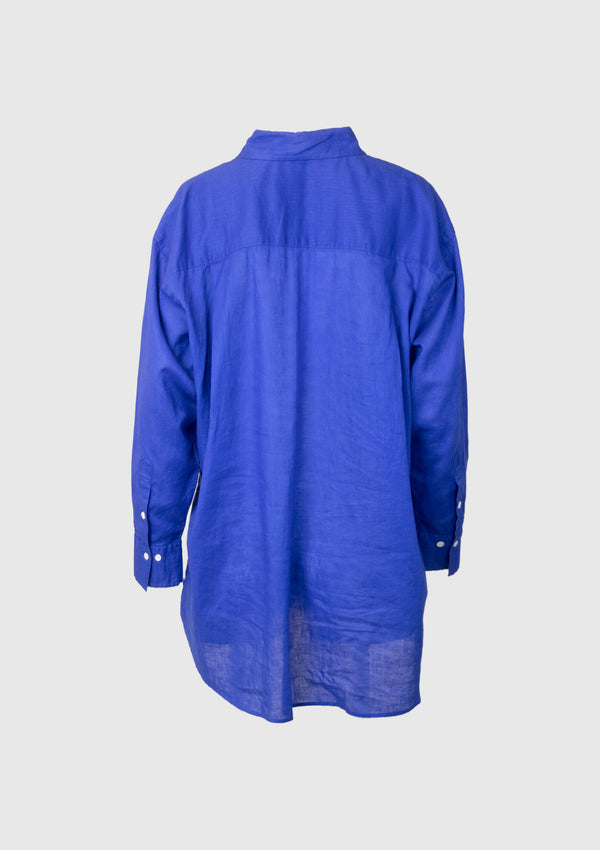 Sheer Linen x Cotton 1-Pocket Oversized Shirt in Blue