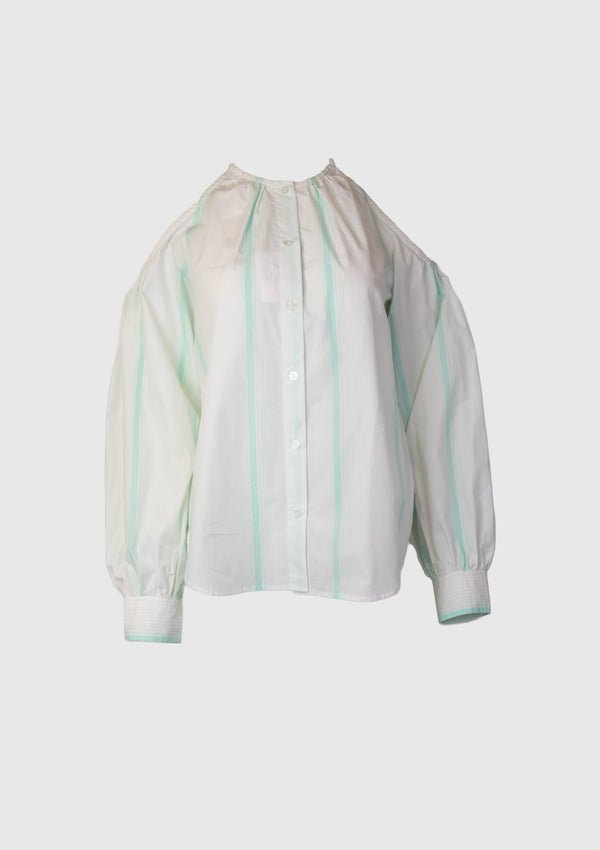 Stripe Collarless Cold-Shoulder Shirt in Light Blue