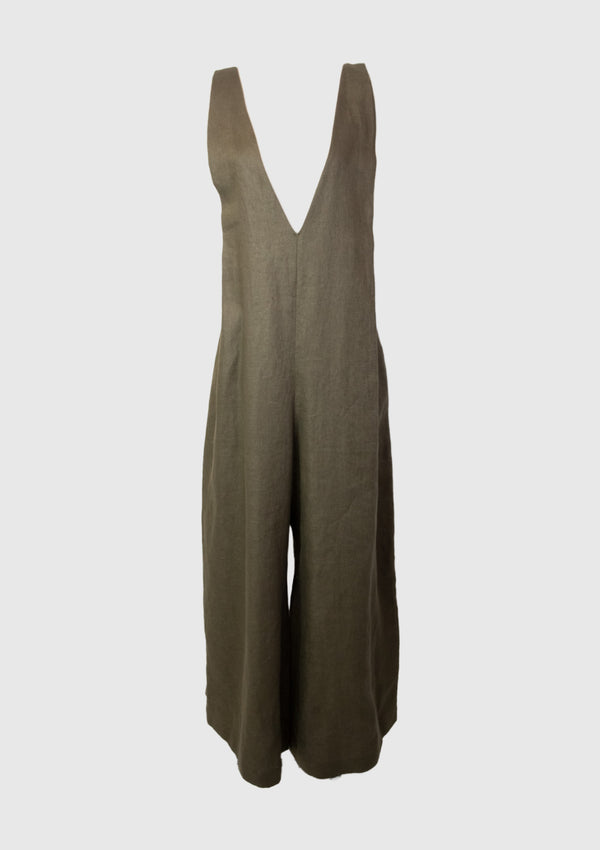 Linen Deep V-Neck Wide Leg Camisole Jumpsuit in Khaki Green