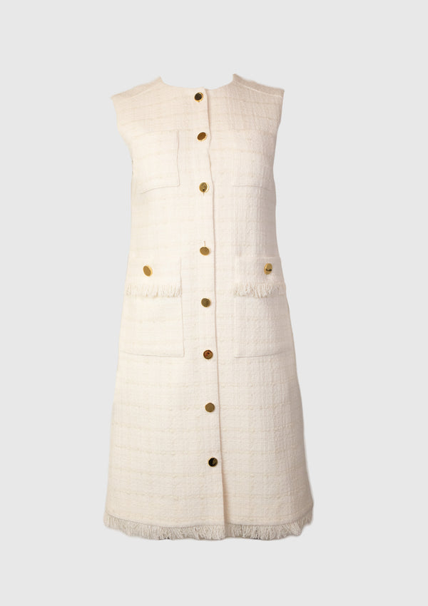 Tweed Gold-Button 4-Pocket Fringe-Trim Mini Dress in Cream