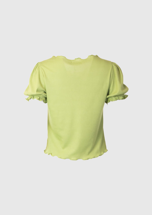 Round-Neck Gathered Frill Puff Short Sleeve Blouse in Green