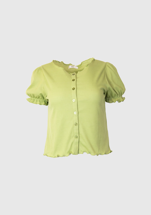 Round-Neck Gathered Frill Puff Short Sleeve Blouse in Green