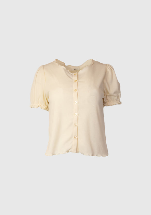 Round-Neck Gathered Frill Puff Short Sleeve Blouse in Ivory