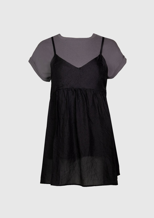 Plain Tee & Satin Camisole Set in Charcoal Grey