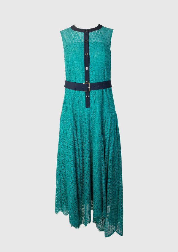 Cord Lace Handkerchief-Hem Dress in Green