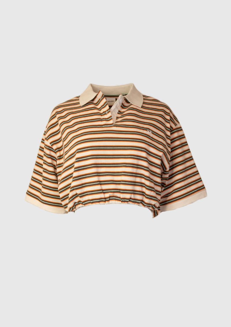 MSY Embroidery Elastic-Hem Crop Polo in Brown Border