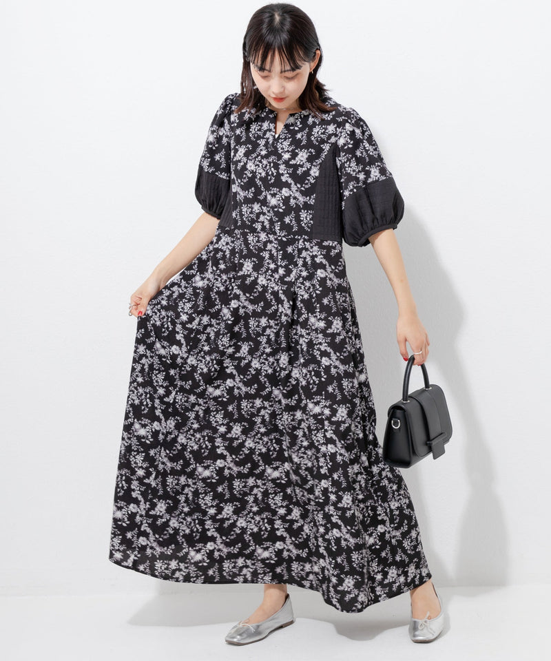 Puff Sleeve Floral Jacquard Dress in Black