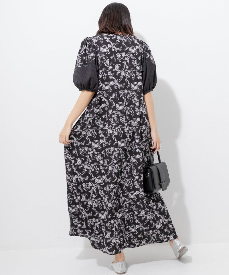 Puff Sleeve Floral Jacquard Dress in Black
