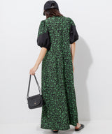 Puff Sleeve Floral Jacquard Dress in Green