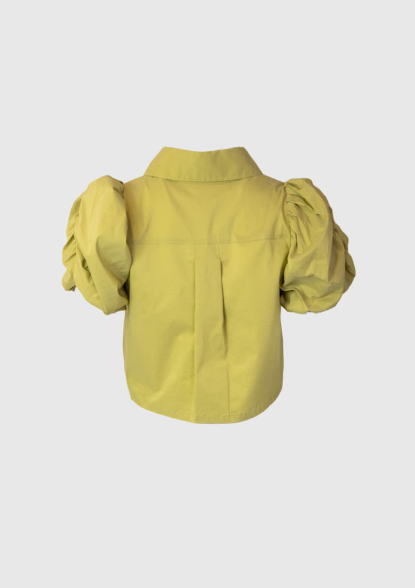 Ruched Puff Sleeve Boxy Crop Shirt in Khaki Green
