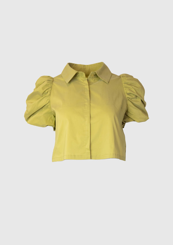 Ruched Puff Sleeve Boxy Crop Shirt in Khaki Green