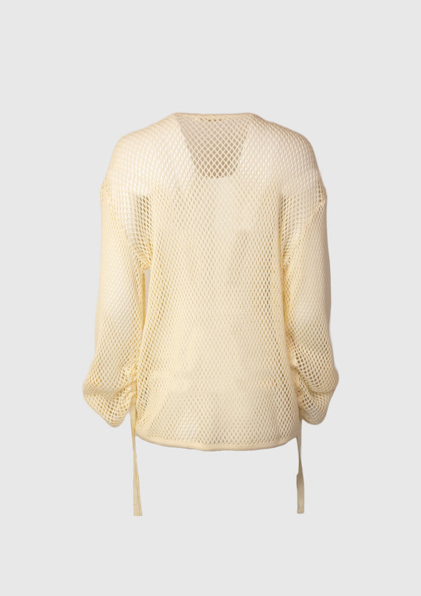 Cotton Mesh Gather Long Sleeve Pullover in Ivory